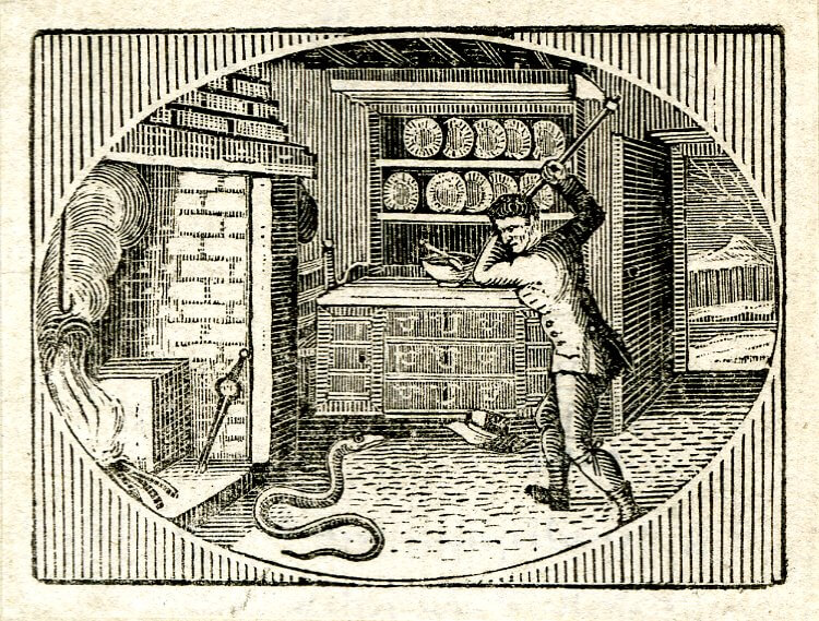 Nice kitchen interior and garters in this illustration from Fable of The Countryman and the Snake from 'Select Fables' (Newcastle: 1784). Trustees of the British Museum. 1882,0311.2682