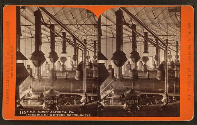 The Miriam and Ira D. Wallach Division of Art, Prints and Photographs: Photography Collection, The New York Public Library. "P. R. R. shops’ Altoona, Pa. interior of western round-house." New York Public Library Digital Collections. Accessed November 7, 2015. http://digitalcollections.nypl.org/items/510d47e0-9d75-a3d9-e040-e00a18064a99